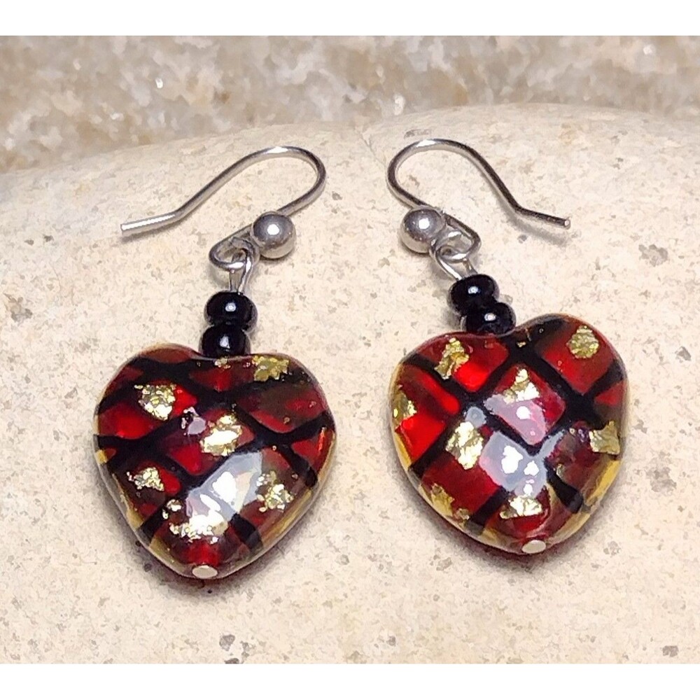Vintage Murano Art Glass Gold Flake Heart Dangle Earrings
